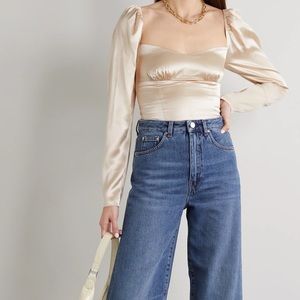 Ivory toe shirted silk-satin top